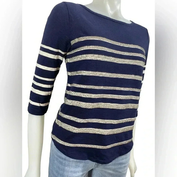 💥Host Pick💥 J.  Crew Striped Blue & White Cotton Beaded Cotton Shirt Size XS - Picture 1 of 7